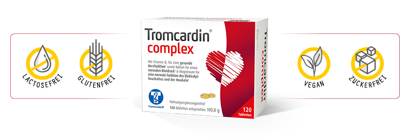 Tromcardin® complex-Packung mit rotem Herz-Design. 120 Tabletten. Symbole.